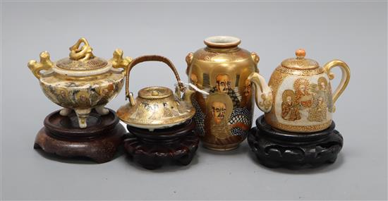 Four Satsuma miniature vessels and three hardwood stands tallest 9cm